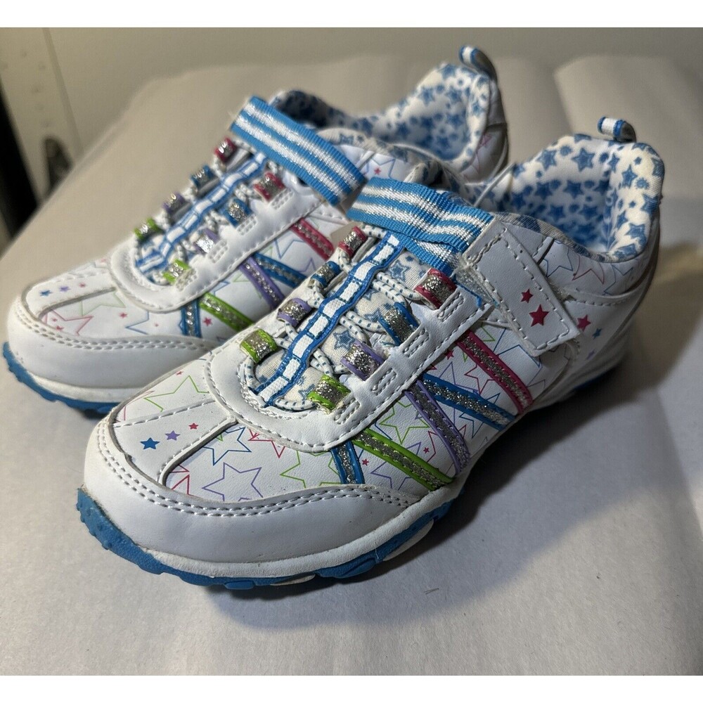 GIRLS SHOES Danskin Now ATHLETIC White w/ Purple Green Aqua Pink Stripe Sz 13